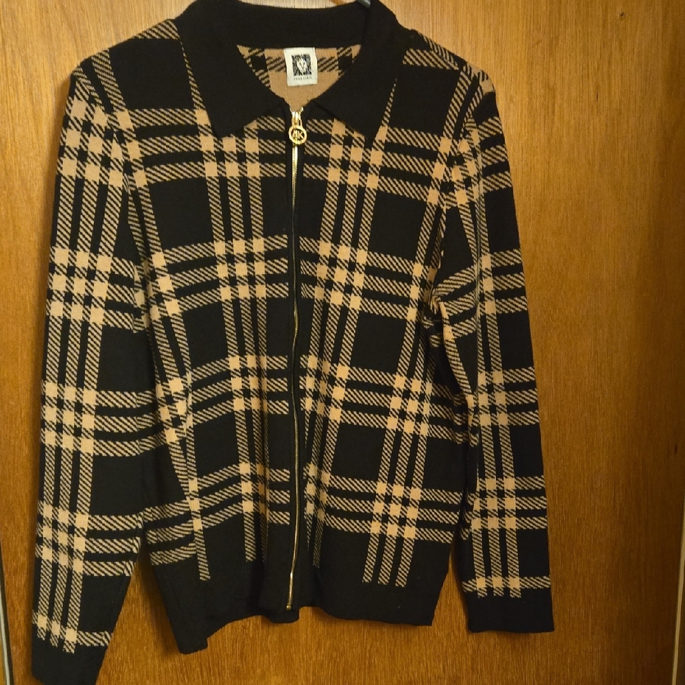 Anne Klein Black and Tan Plaid Zip-Up Sweater